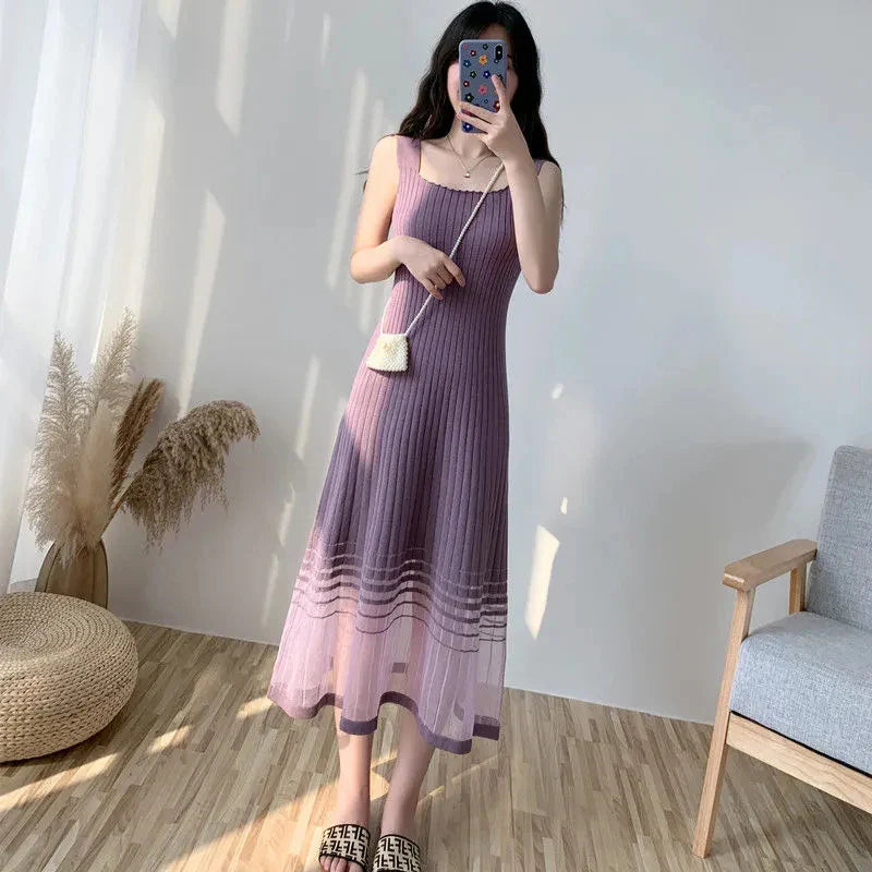 Striped Midi Dress Mesh Korean Patchwork Spaghetti Strap