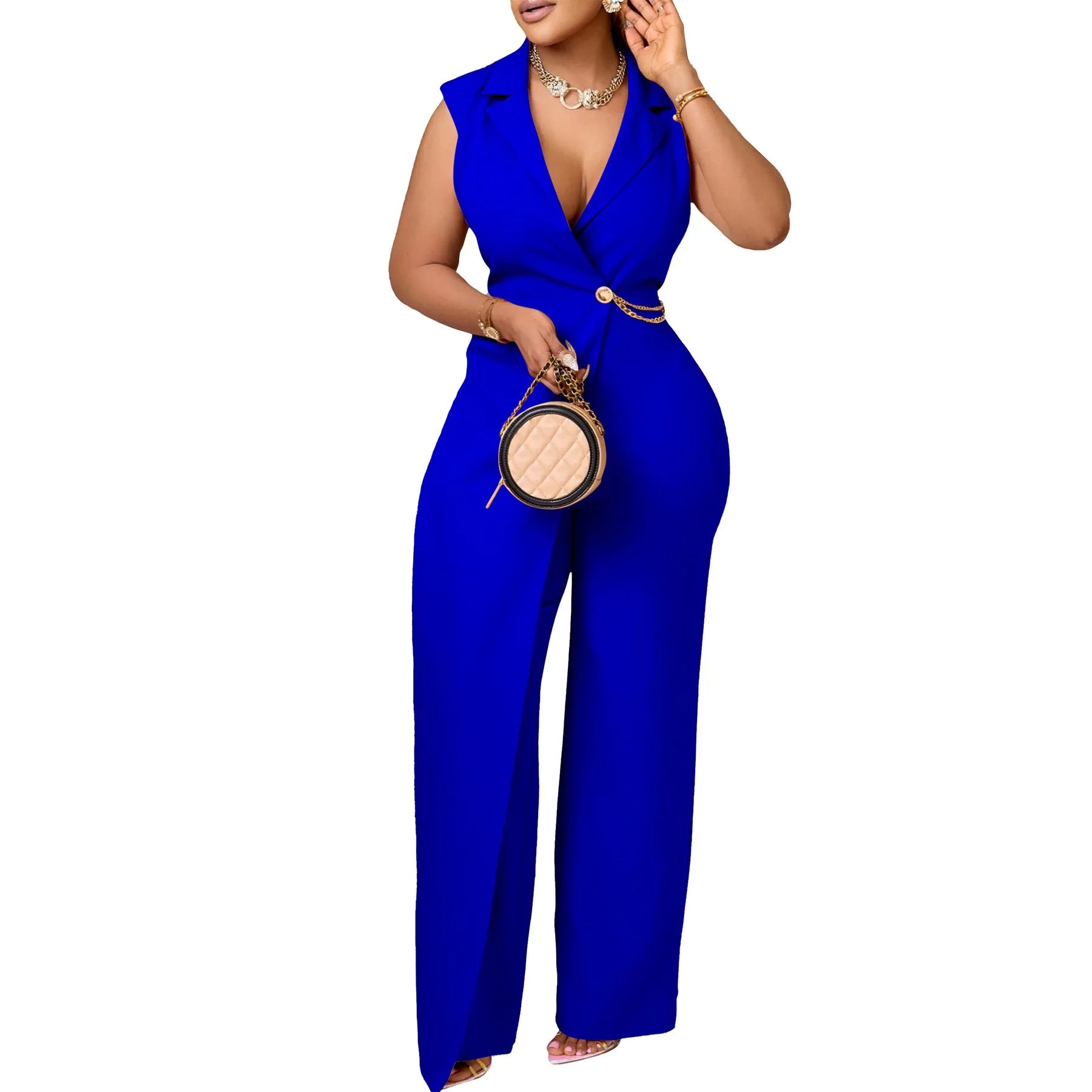 Elegant Sleeveless Jumpsuit with Turn Down Collar High Waisted V Neck Straight Leg Romper for Women Birthday Party Overalls