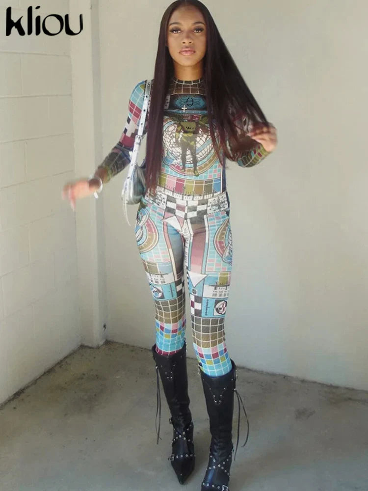 Aesthetic Print Women 2 Piece Set Vintage Hipster Autumn O-neck Full Sleeve Tops and High Waist Pants Clubwear