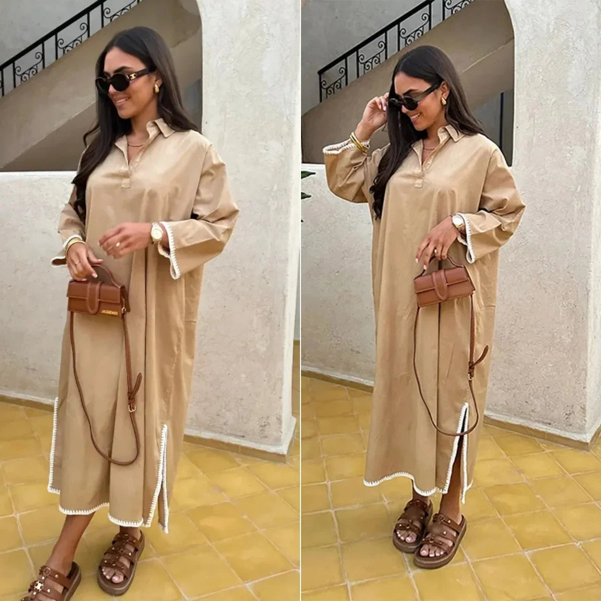 Green Embroidery Shirt Dress With Cuffed Sleeves Split Hem