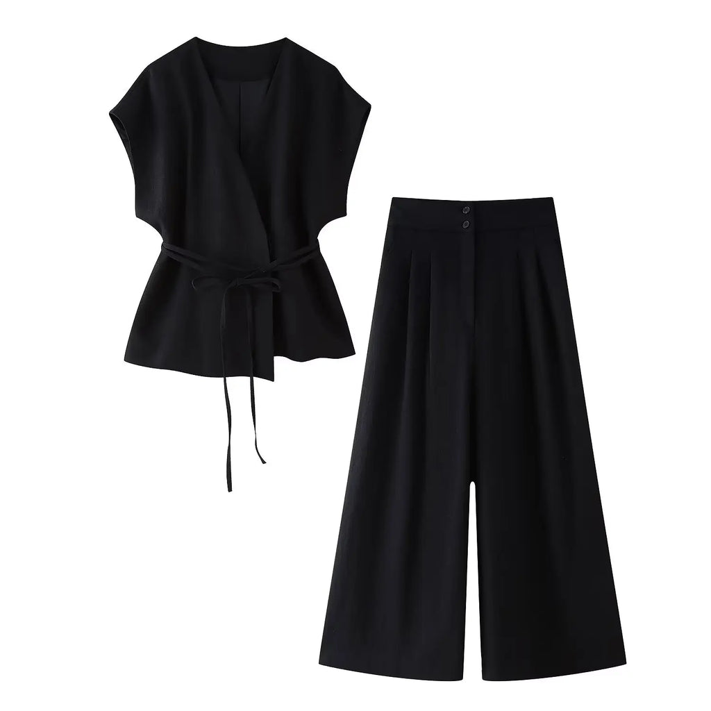 Summer Women's Casual Two-Piece Suit with Lace-Up Tank Top and Pleated Loose Trousers