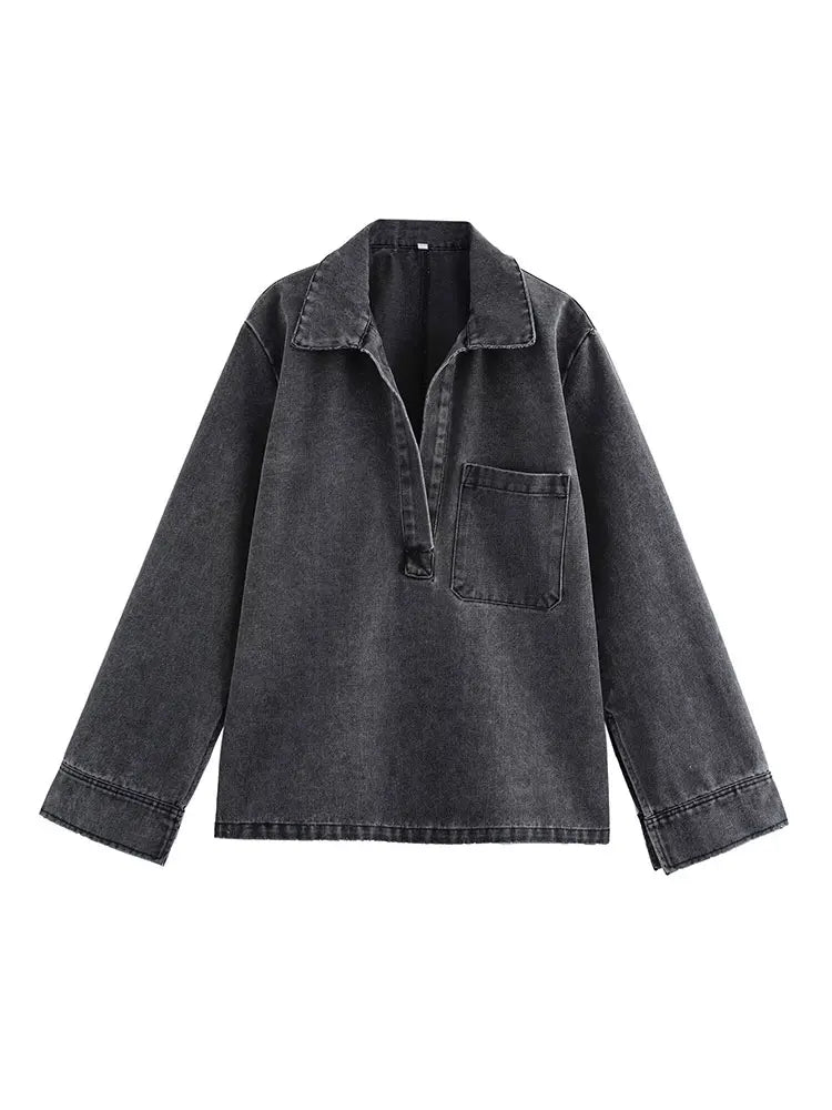 Autumn Denim Two Piece Set with Elastic Waist Wide Leg Pants and Polo Collar Long Sleeve Top for Casual Style