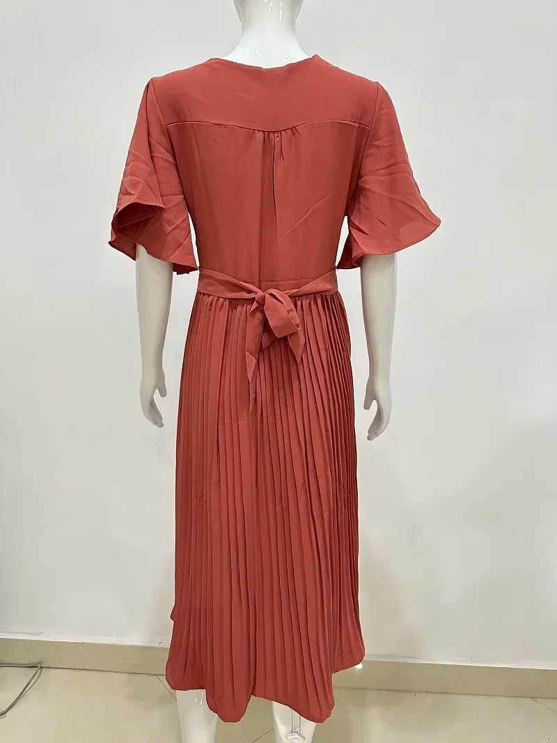 Summer V-Neck Pleated Dress With Lace Up Waist Long Skirt