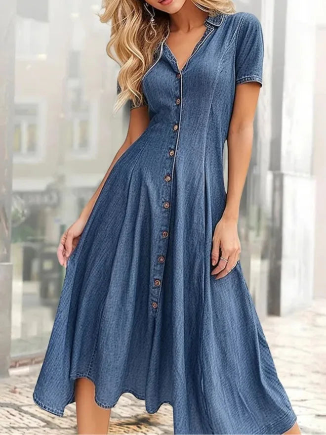 Denim Shirt Dress Women Casual Loose Fit Short Sleeve Slit