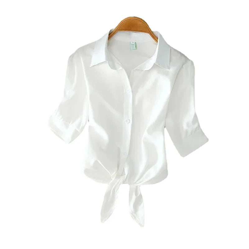 Women's White Button-Up Shirt with Tied Waist Elegant Solid Blouse Tunic Top Summer Casual Office Wear