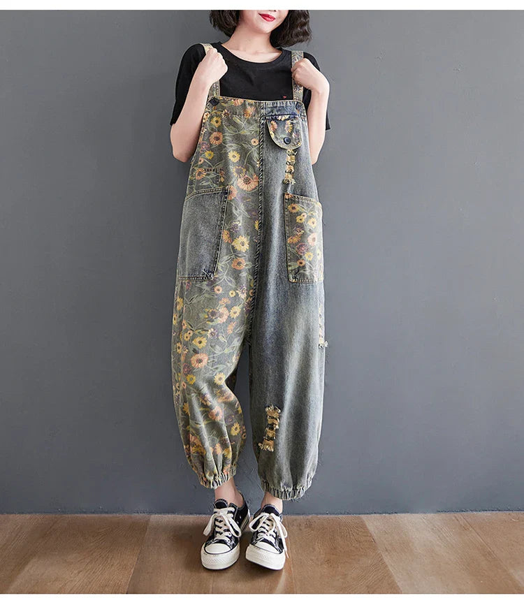 Casual Oversized Floral Print Denim Overalls for Women Loose Wide Leg Mom Jeans Romper Jumpsuit with Cargo Straps Baggy Pants