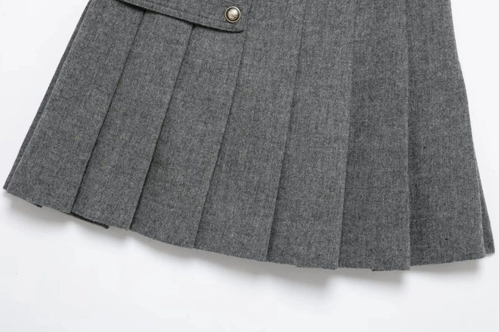 Double Breasted Epaulet O Neck Jacket with Chic Sashes and Pleated Mini Skirt Women's Streetwear Suit