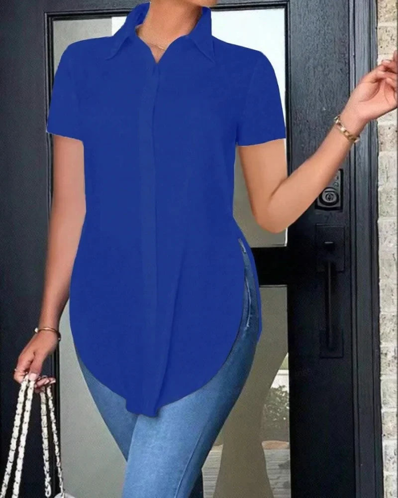 Women's Asymmetrical Buttoned Casual Top with Side Slit Turn-Down Collar Long Sleeve Shirt for Everyday Wear