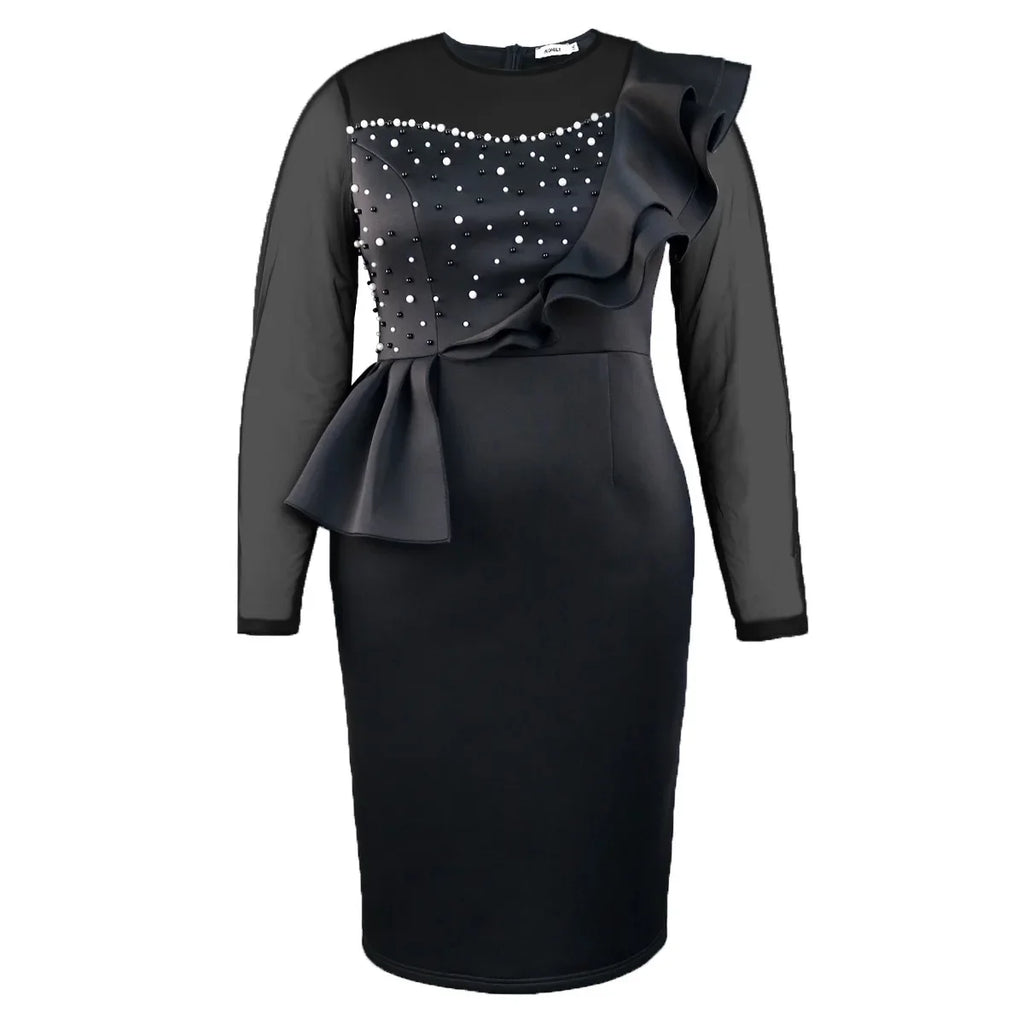 Elegant Beaded O Neck Sheath Dress With Ruffles Mid Calf