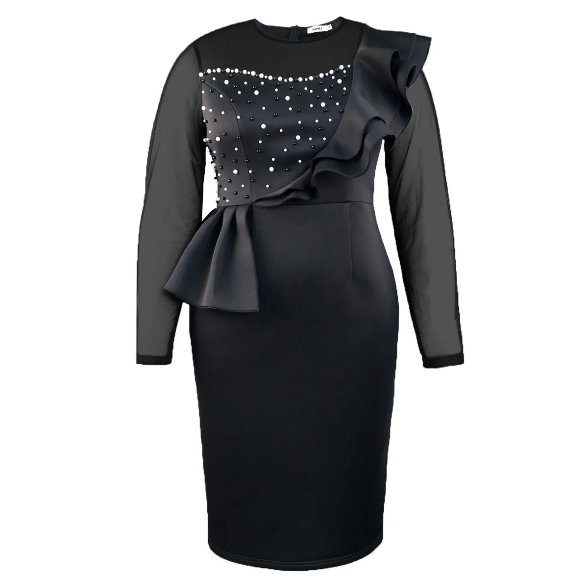 Elegant Beaded O Neck Sheath Dress With Ruffles Mid Calf