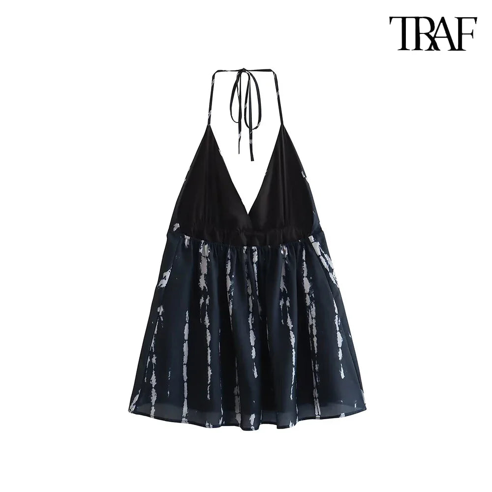 Backless Tie Dye Halter Mini Dress Deep V Neck Beach Party