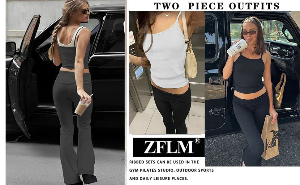 Casual Workout Two Piece Sets for Women Short Sleeve Crop Top and High Waist Flare Pants Tracksuit