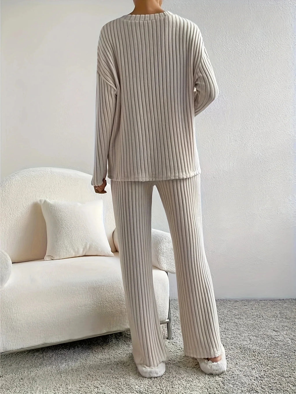 Autumn Winter Loose Casual V Neck Striped Knitted Two-Piece Set with Long Sleeve Top and Straight Tube Pants