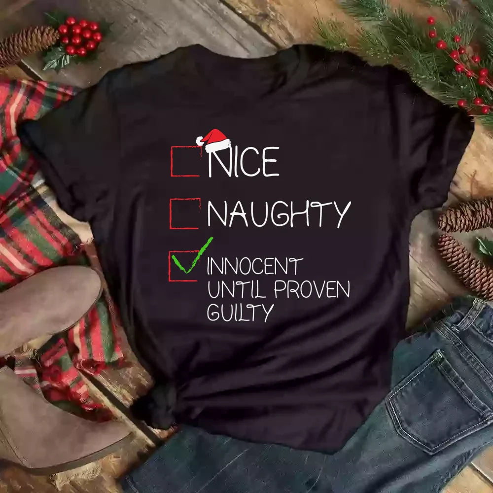Nice Naughty Christmas Cartoon Letter Print T-Shirt Casual Short Sleeve Summer Top for Women