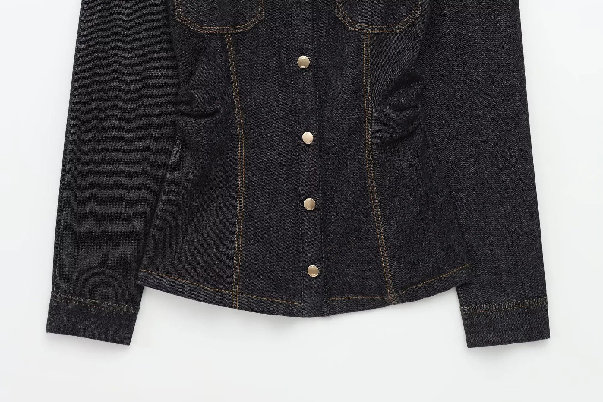 Women Black Denim Pants Set with Fitted Shirt and Patch Pockets Straight Leg Jeans Suit