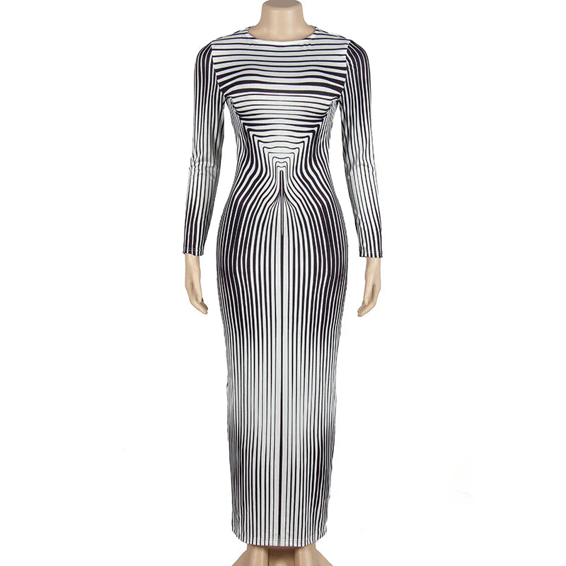 Autumn O Collar Long Sleeve Striped Evening Party Dress