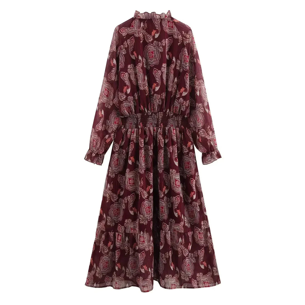 Printed Summer Long Sleeve Midi Dress for Women Chic