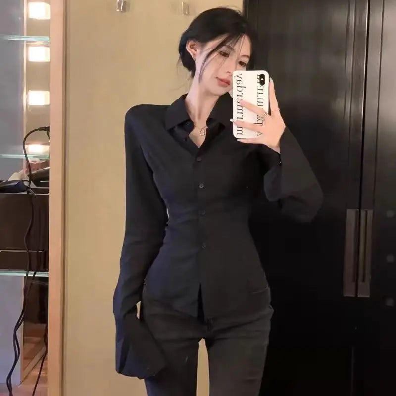 Slim White Chiffon Shirt for Women Long Sleeve Horn Sleeve Blouse Elegant Slim Fit Chic Ladies Top