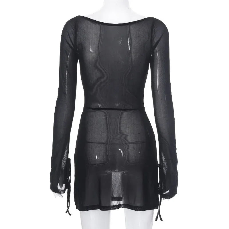Slim Fit Sheer Dress For Women Lace Up Long Sleeve Fashion