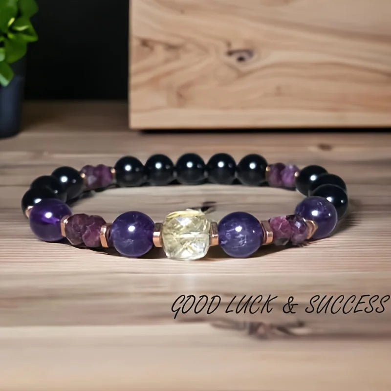 Attract Money Citrine Empathy Protection Bracelet with Garnet Black Tourmaline and Amethyst for Successful Healing and Stress Relief