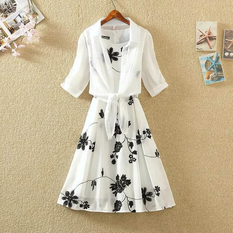 Elegant High Waist Sleeveless Two-Piece Dress with Slim A-Line Skirt Floral Embroidery White Top and Bow Belt Vintage Inspired Women's Suit