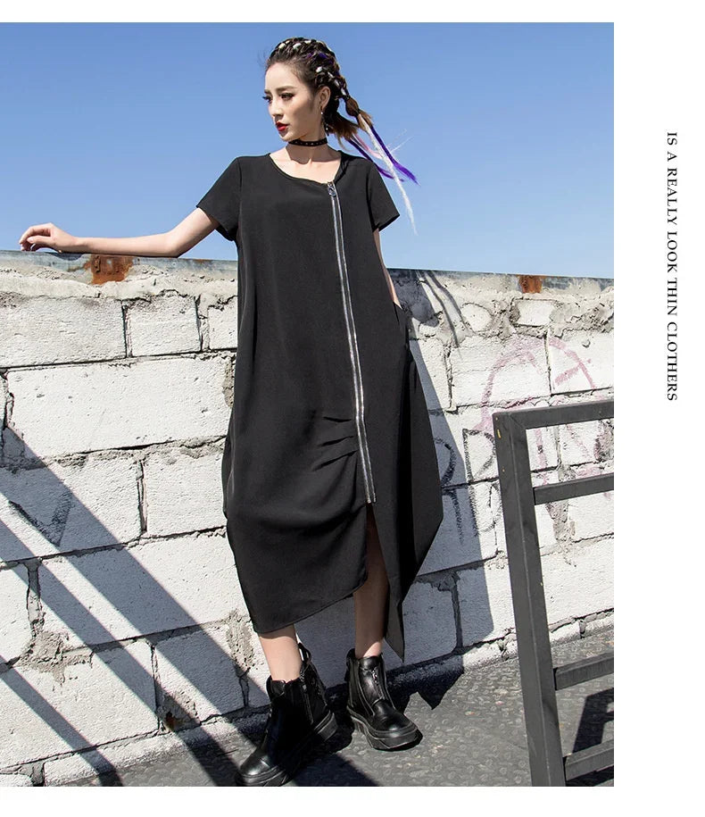 Black Zipper Dress For Women Elegant Casual Long Dress