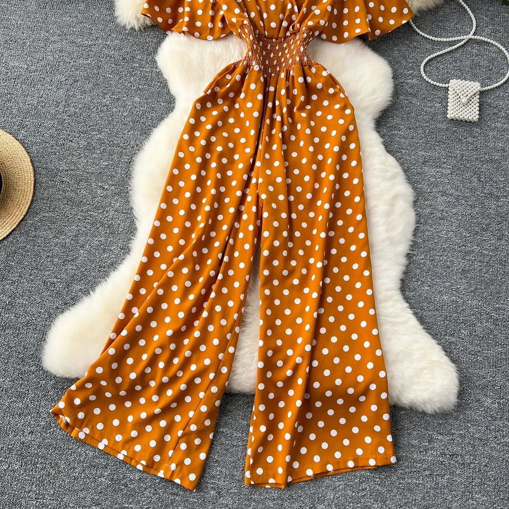 Elegant Polka Dot Romper for Women V-Neck Short Sleeve High Waist Wide Leg Jumpsuit Loose Fit Summer Playsuit