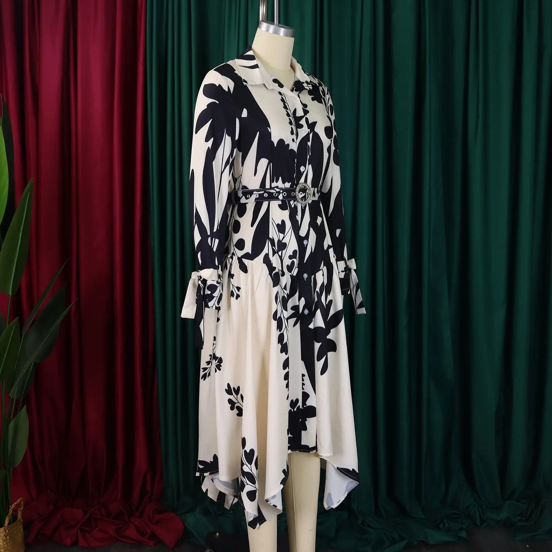 Printed Dress For Women Elegant Turn Collar Ankle Length