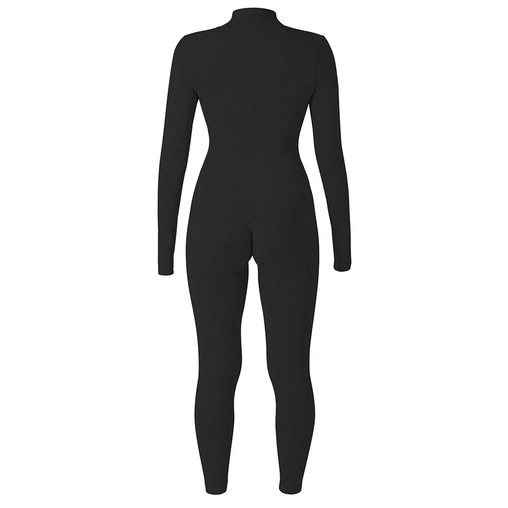 Women's Long Sleeve Solid Bodycon Jumpsuit Zipper Romper Summer Bodysuit Streetwear Overalls Sportswear