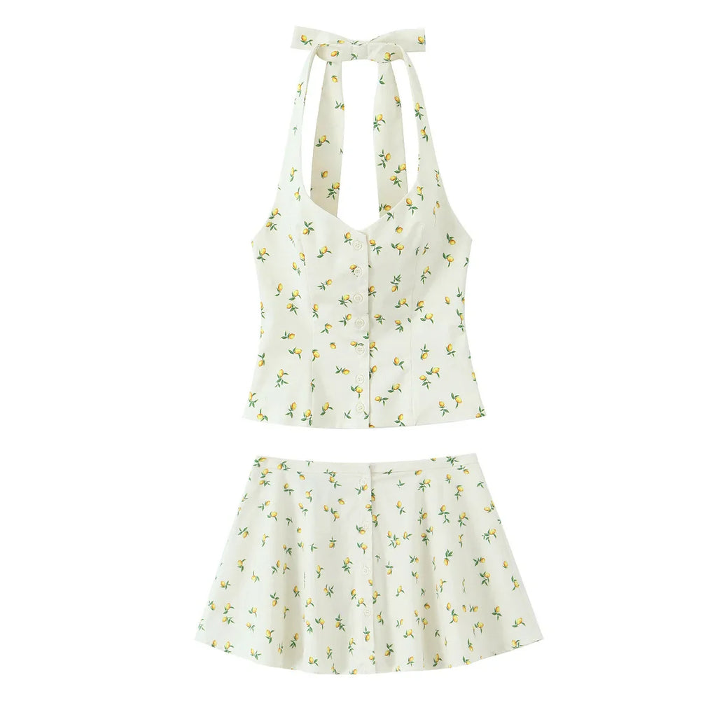 Casual Summer Two Piece Skirt Set for Women Lemon Print Backless Hanging Collar Tank Top with A-Line Mini Skirt Sleeveless Short Top