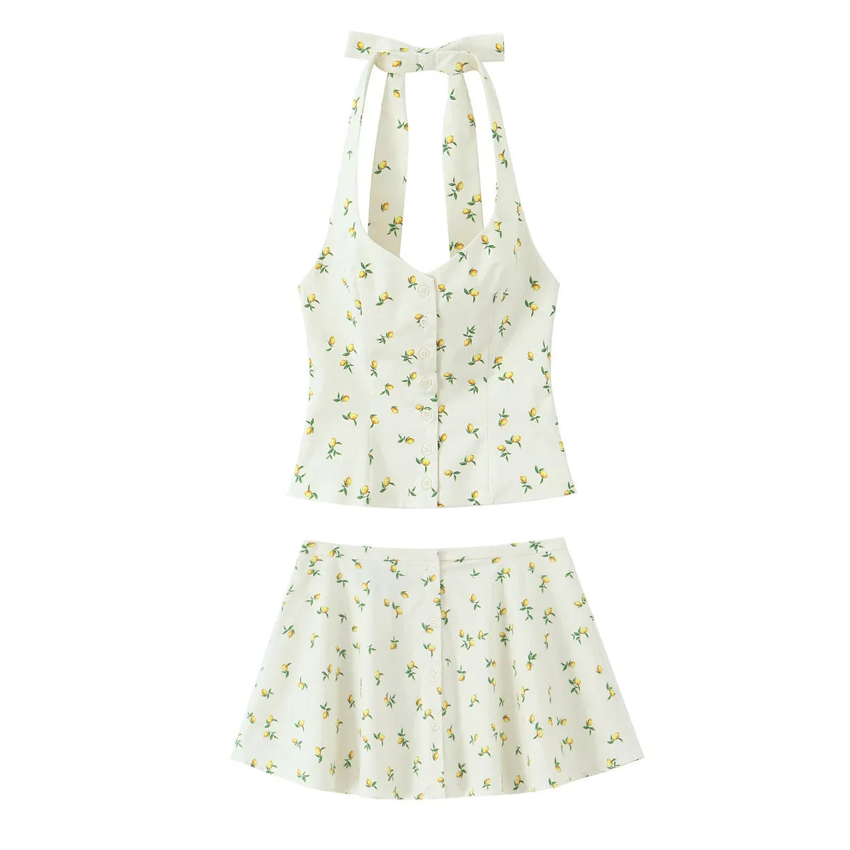 Casual Summer Two Piece Skirt Set for Women Lemon Print Backless Hanging Collar Tank Top with A-Line Mini Skirt Sleeveless Short Top