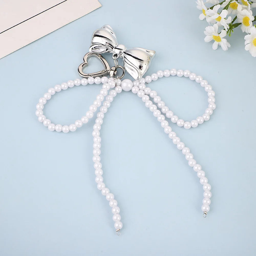 Korean Cute Beaded Pearl Bowknot Keychain for Women and Girls Metal Bow Pendant Bag Decoration Accessories