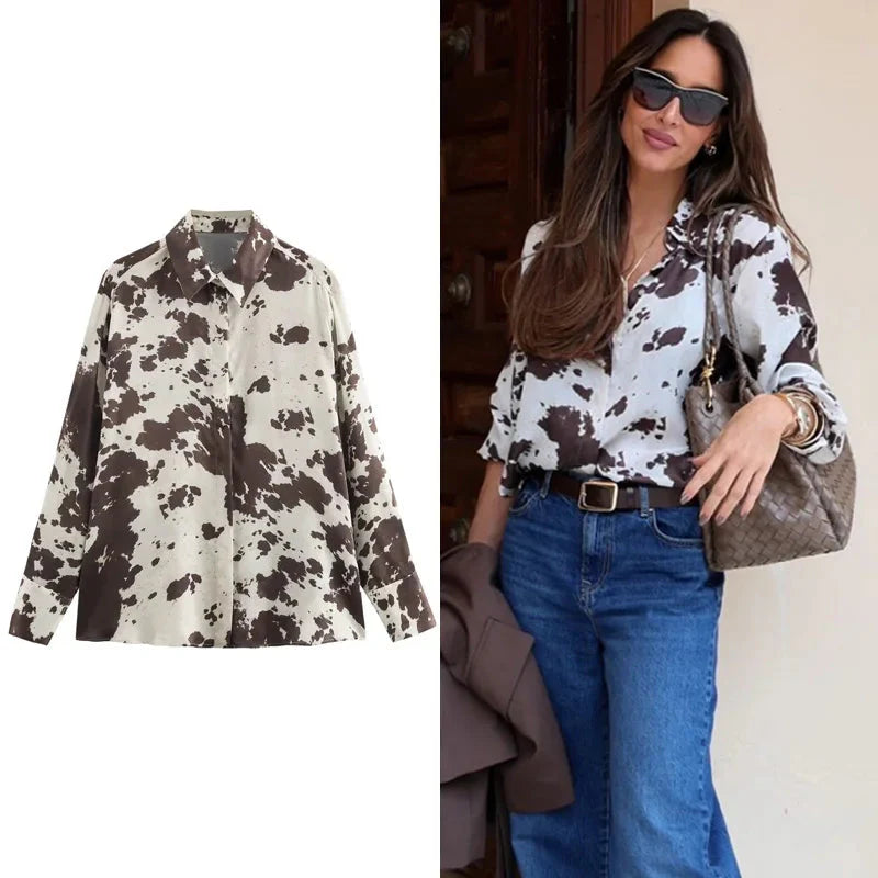 Women's Animal Print Satin Oversized Long Sleeve Blouse Chic Tie Dye Button Up Shirt for Spring