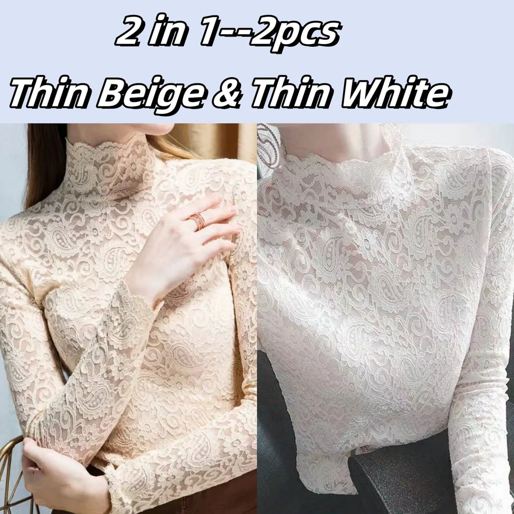 Winter High Neck Long Sleeve Fleece Lace Women T-Shirt Elegant Trendy Top