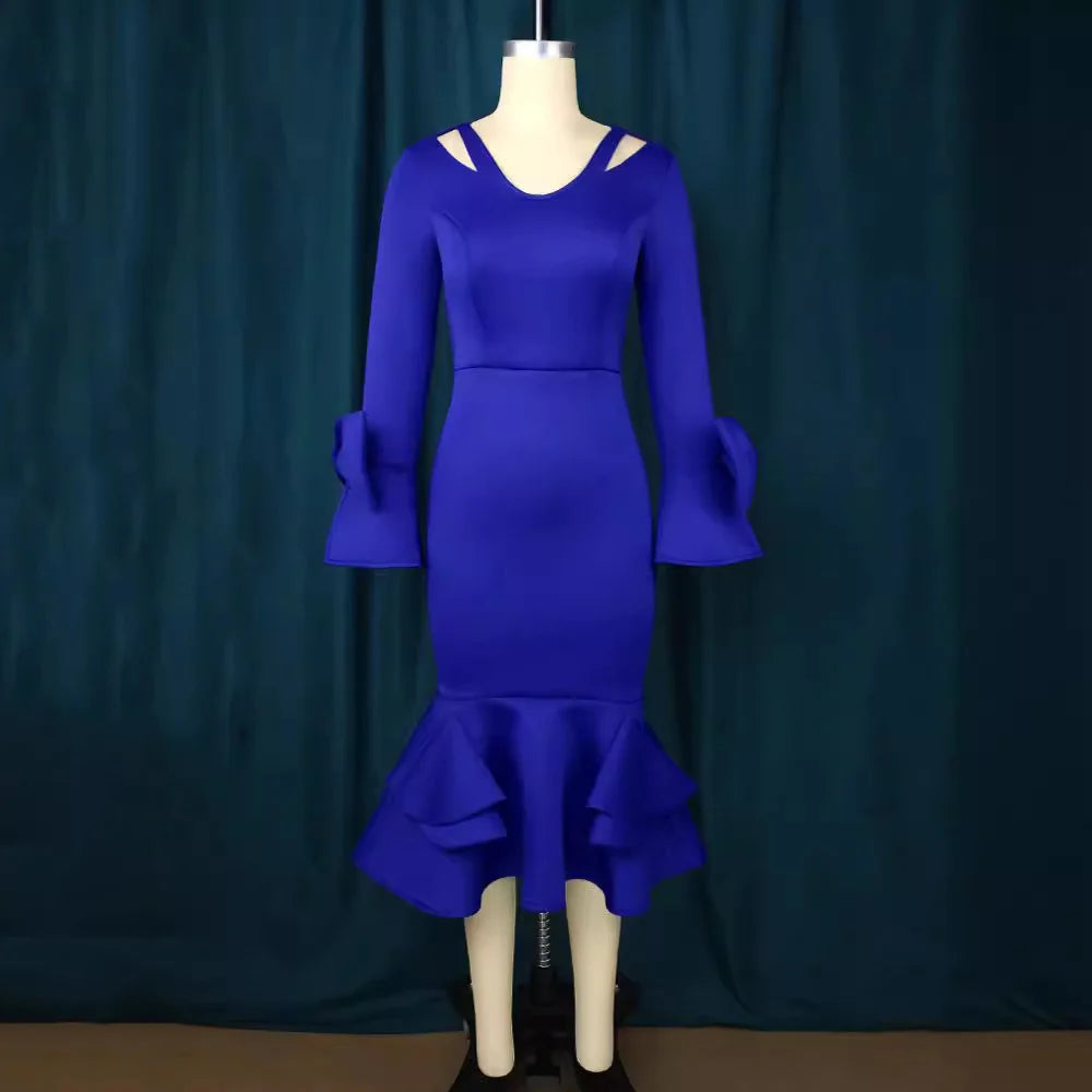 V Neck Sheath Mermaid Dress With Flare Sleeve White Blue