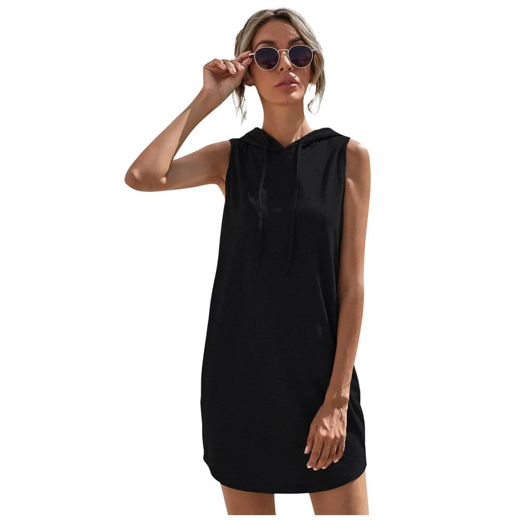 Womens Sleeveless Hoodie Dress With Drawstring Streetwear