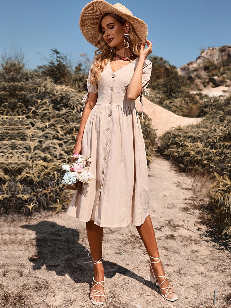 Women's V Neck Button Down Midi Dress Aline Sundress