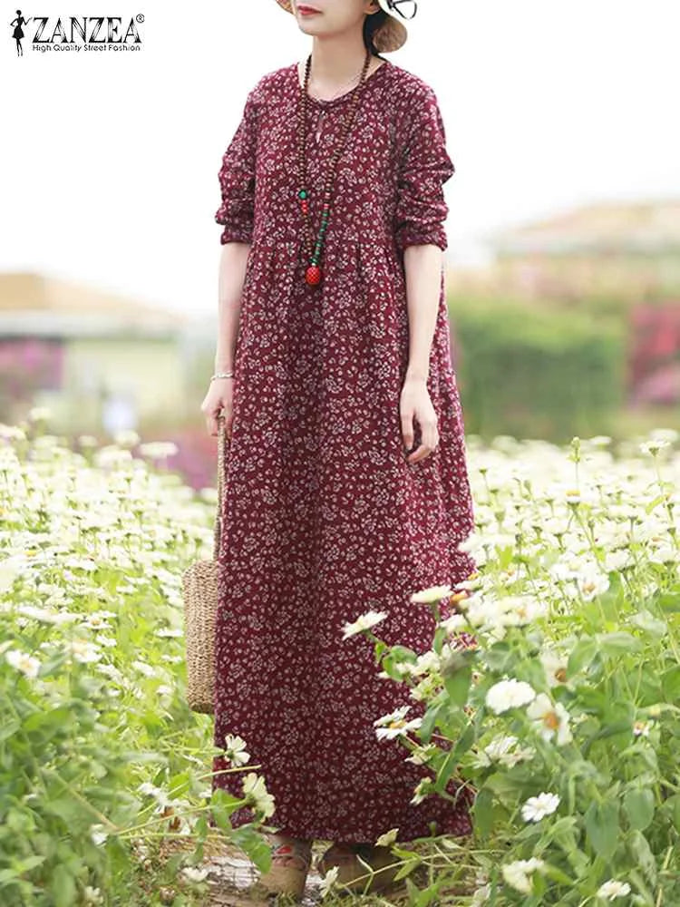 Floral Print Maxi Dress With Long Sleeves O Neck Boho Style