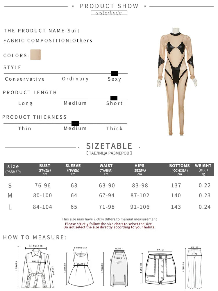 Sexy Mesh Patchwork Long Sleeve Skinny See-Through Zip One-Piece Jumpsuit for Women Party Clubwear