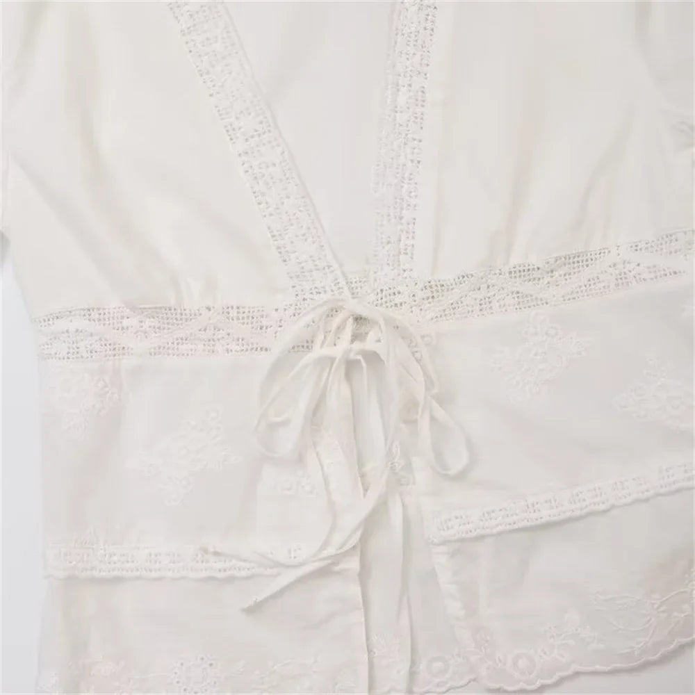 White Embroidered Shirt with Elegant French Bow Detail Slim Fit Three-Dimensional Styling Casual and Business Wear