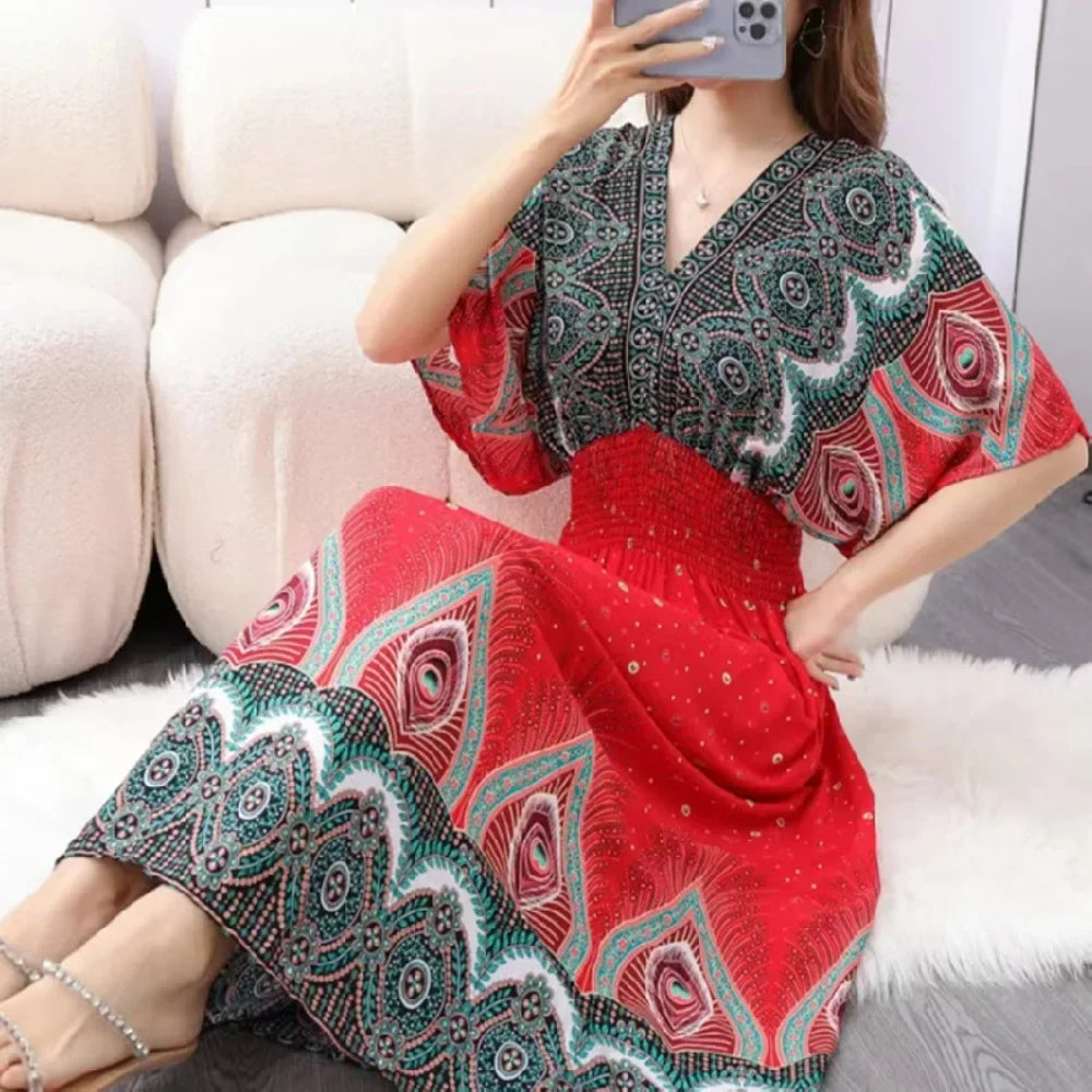 Chic Womens V Neck Vintage Boho Print A Line Dress Style