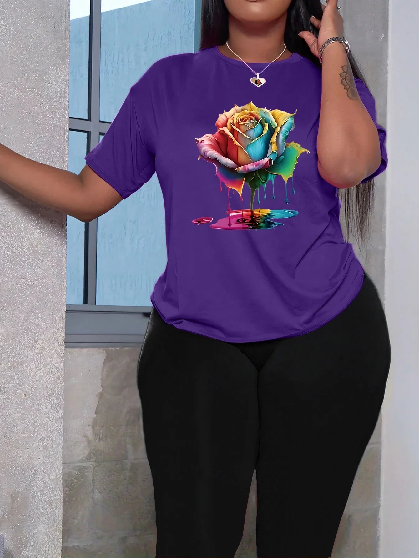 Colorful Floral Print Women T Shirt and Capri Leggings Two Piece Set for Casual Wear