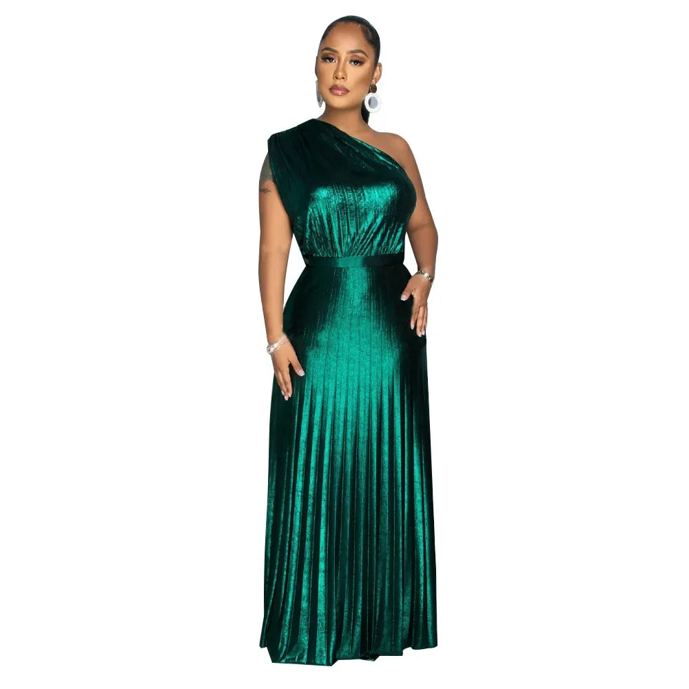 One Shoulder Metallic Pleated Maxi Dress Evening Gown