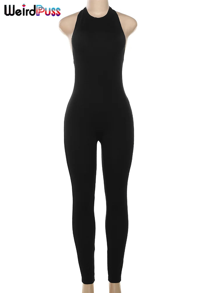 Sexy Backless Halter Bandage Jumpsuit for Women Skinny Stretch Sleeveless Clubwear Workout Fit Overalls