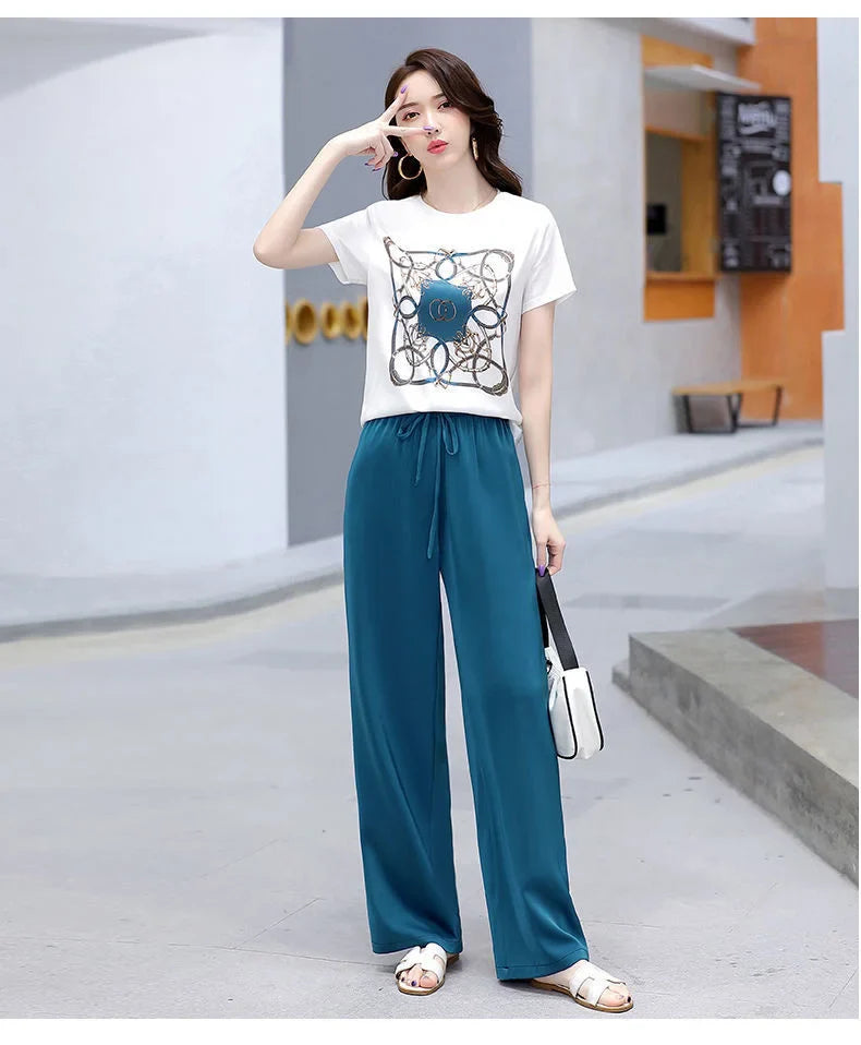 Women's Plus Size Two Piece Suit Set with Short Sleeve Tops and Wide Leg Pants for Casual Summer Fashion