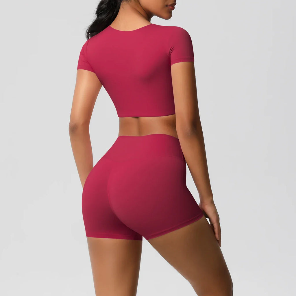 2PCS Women's Fitness Yoga Set High Waist Shorts with Short Sleeve Gym Top Seamless Sportswear Tracksuit for Activewear