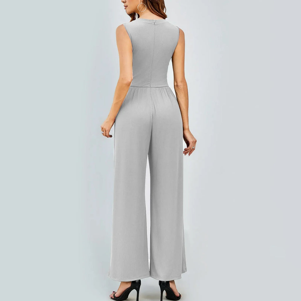 Women Sleeveless High Neck Ribbed Tank Top Jumpsuit Wide Leg Pants Romper with Tummy Control and High Waist Casual Summer Outfit