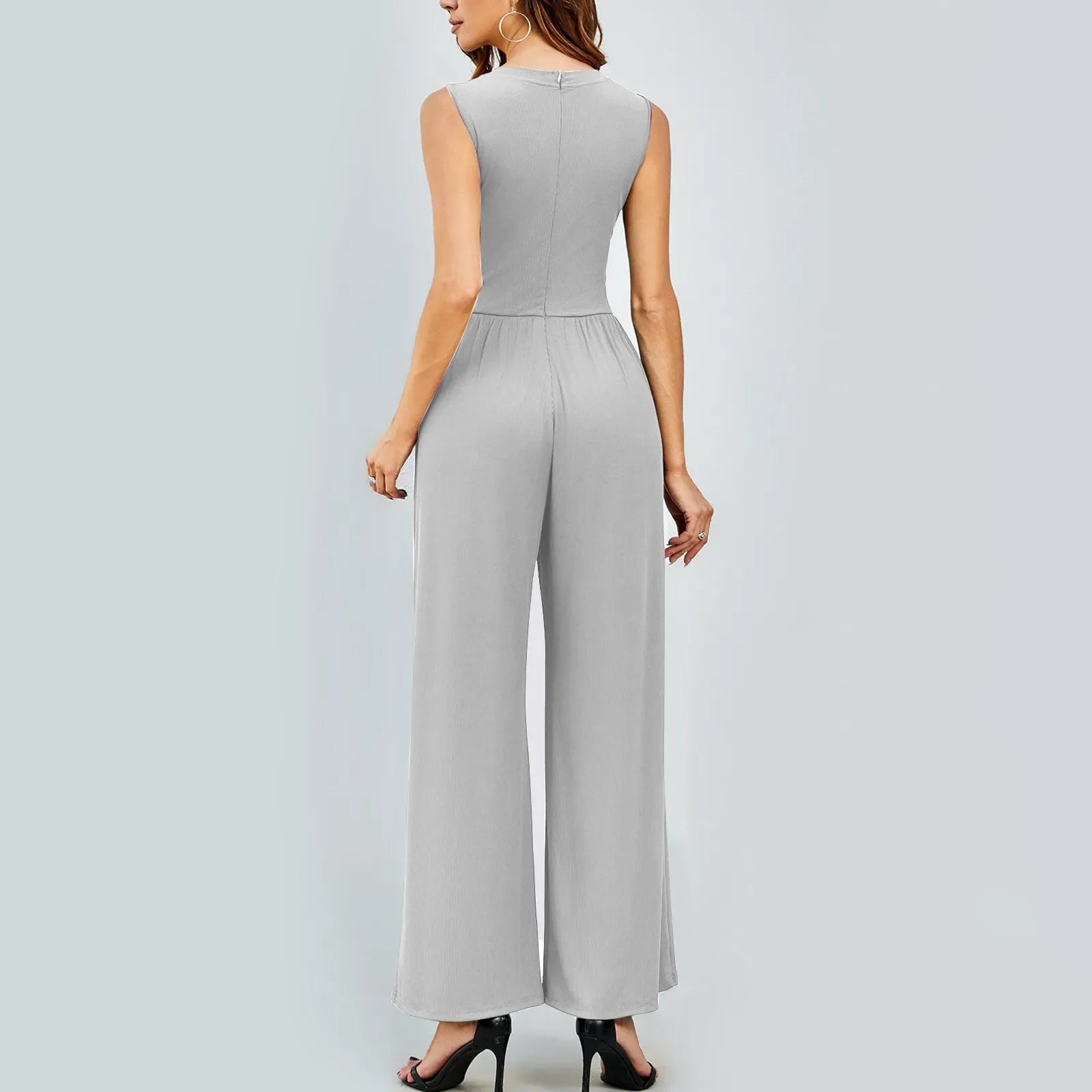 Women Sleeveless High Neck Ribbed Tank Top Jumpsuit Wide Leg Pants Romper with Tummy Control and High Waist Casual Summer Outfit
