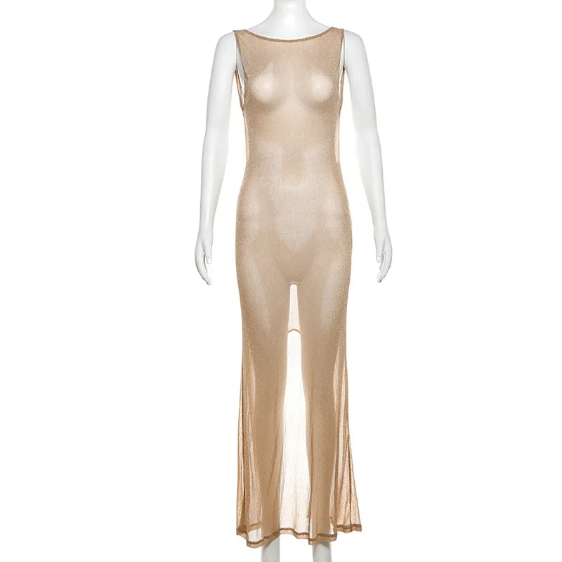 See Through Beach Maxi Dress Sleeveless Backless Bodycon