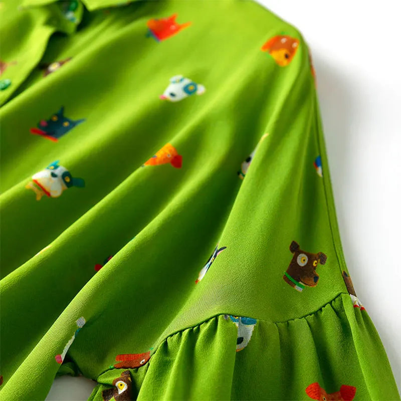 Women Shirt 100 Percent Mulberry Crepe Silk Green Lantern Sleeve Blouse with Cartoon Button Detail